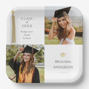 Gold Tassel & Cap White Photo Graduation Paper Plate