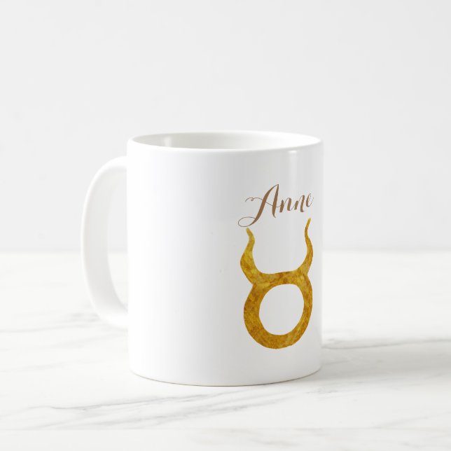 Gold Taurus Zodiac Astrology Sign Custom Name Coffee Mug (Front Left)
