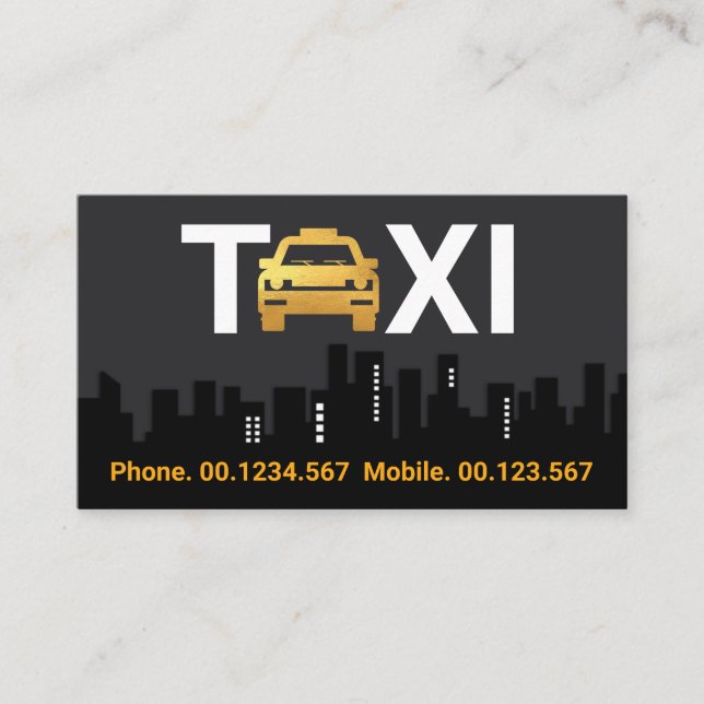 Gold Taxi Car Building Silhouette Business Card (Front)