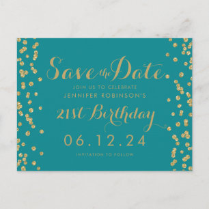 Gold Teal 21st Birthday Save The Date Confetti Announcement Postcard
