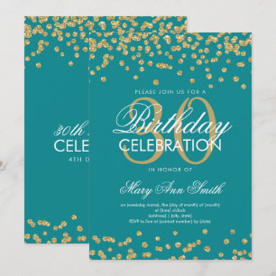 Gold Teal 30th Birthday Glitter Confetti Invitation