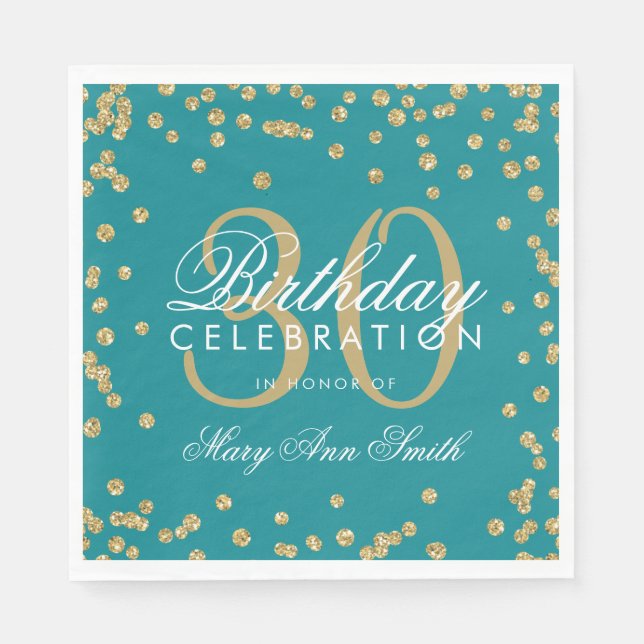 Gold Teal 30th Birthday Glitter Confetti Napkin (Front)