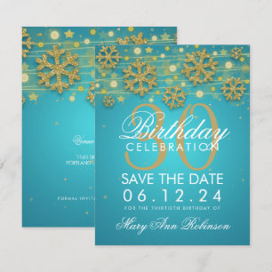Gold Teal 30th Birthday Save Date Winter Invitation
