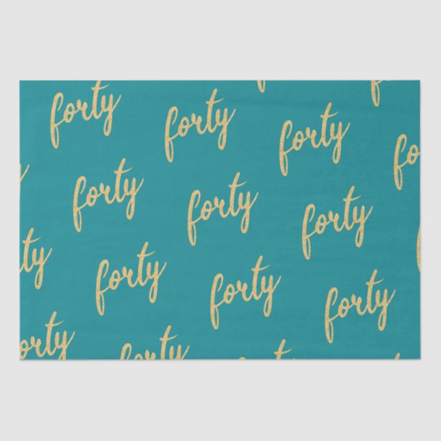 Gold Teal 40 Birthday Party Glitter "Forty" Tissue Paper (Front)