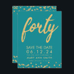 Gold Teal 40th Birthday Save Date Confetti Invitation<br><div class="desc">Elegant "40th Birthday Party" design with Gold Faux Glitter Confetti Typography custom name and details text. Easy to use and easy to personalise. Order Today!</div>