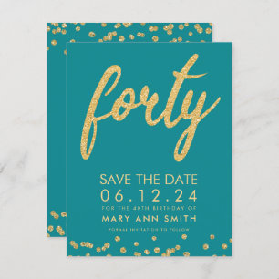 Gold Teal 40th Birthday Save Date Confetti Invitation