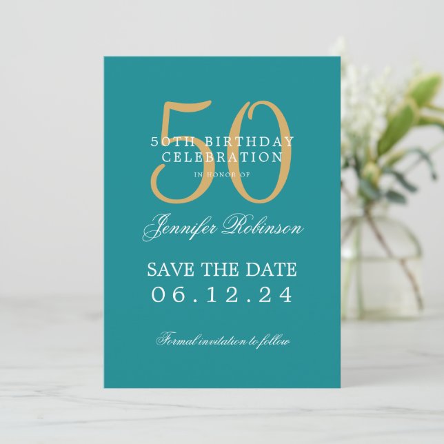 Gold Teal 50th Birthday Save the Date Details Invitation (Standing Front)
