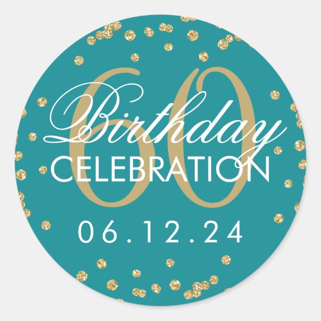 Gold Teal 60th Birthday Faux Glitter Confetti Classic Round Sticker (Front)