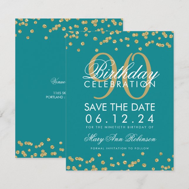 Gold Teal 90th Birthday Save Date Confetti Invitation (Front/Back)