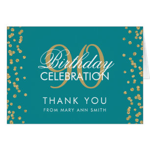 Gold Teal 90th Birthday Thank you Glitter