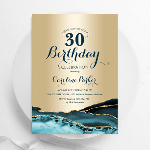 Gold Teal Agate 30th Birthday Invitation