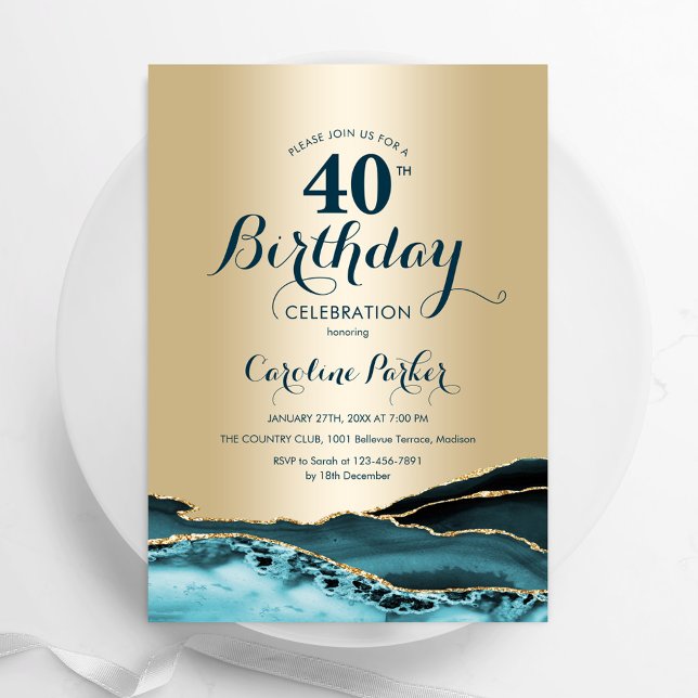 Gold Teal Agate 40th Birthday Invitation (Creator Uploaded)