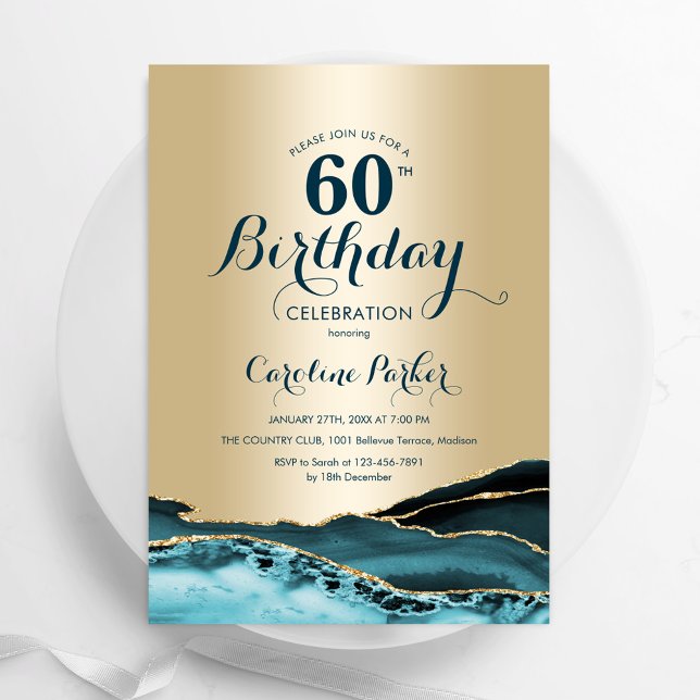 Gold Teal Agate 60th Birthday Invitation (Creator Uploaded)