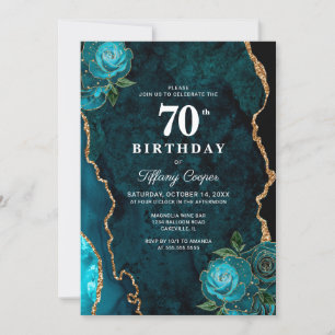 Gold Teal Agate 70th Birthday Invitation