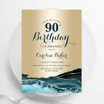Gold Teal Agate 90th Birthday Invitation<br><div class="desc">Teal and gold agate 90th birthday party invitation. Elegant modern design featuring watercolor agate marble geode background,  faux glitter gold and typography script font. Trendy invite card perfect for a stylish women's bday celebration. Printed Zazzle invitations or instant download digital printable template.</div>
