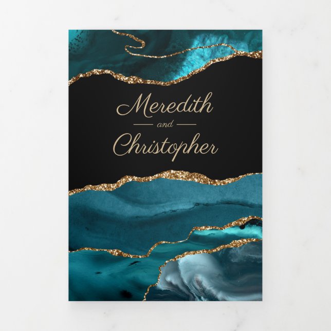 Gold Teal Agate Geode Wedding Tri-Fold Invitation (Cover)