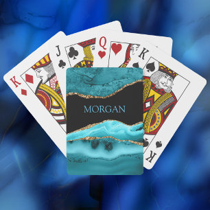 Gold & Teal Agate, Glitter, Blue Name on Black Playing Cards