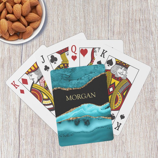 Gold & Teal Agate, Glitter, Gold Name on Black Playing Cards (Creator Uploaded)