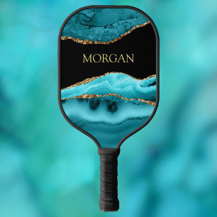 Gold & Teal Agate, Gold Name on Black Pickleball Paddle