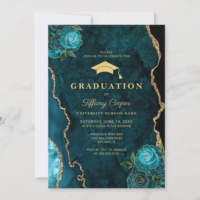 Gold Teal Agate Graduation Party Invitation (Front)