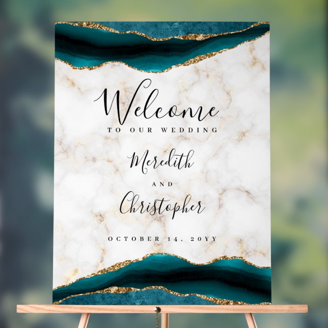 Gold Teal Agate Marble Wedding Welcome Acrylic Sign (Neutral)