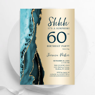 Gold Teal Agate Surprise 60th Birthday Invitation