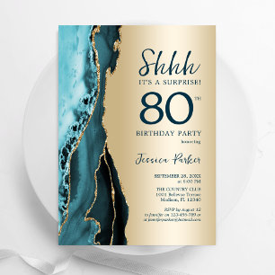 Gold Teal Agate Surprise 80th Birthday Invitation