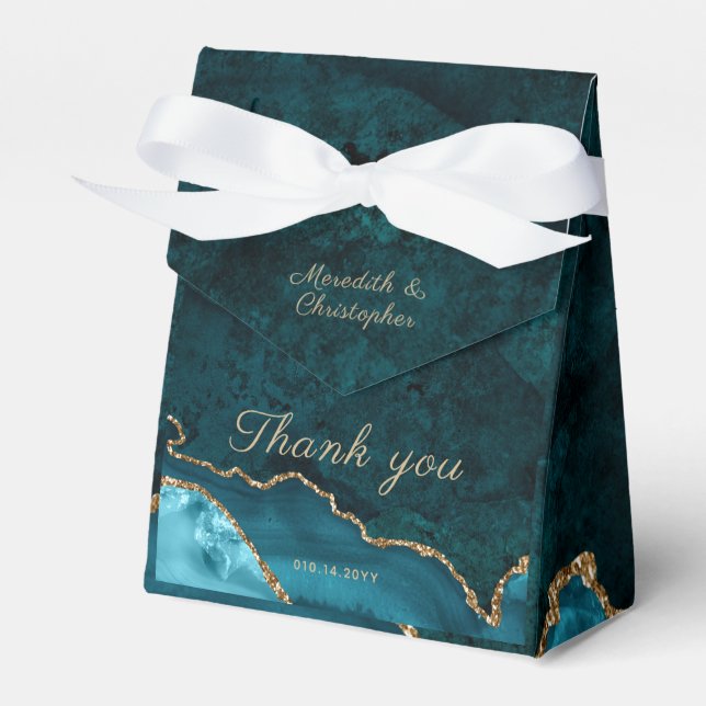 Gold Teal Agate Wedding Favour Boxes (Front Side)
