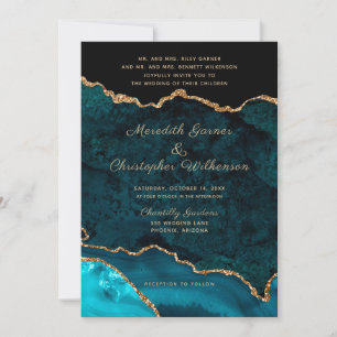Gold Teal Agate Wedding Invitation