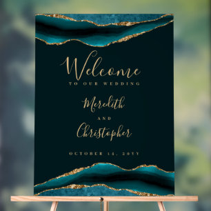 Gold Teal Agate Wedding Welcome Acrylic Sign