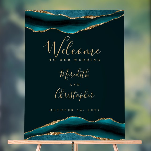 Gold Teal Agate Wedding Welcome Acrylic Sign (Neutral)