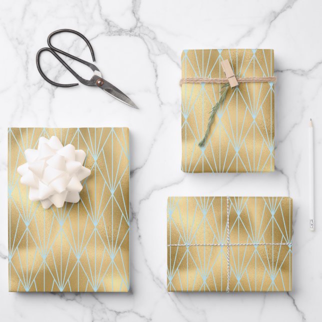 Gold & Teal Art Deco Design Pattern Wrapping Paper Sheet (Front)