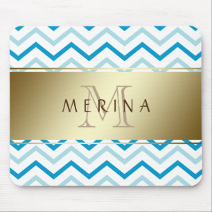 Gold Teal Beach Chevron Pattern Monogram Mouse Mat