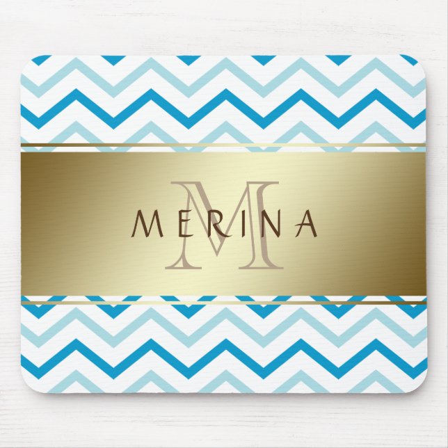 Gold Teal Beach Chevron Pattern Monogram Mouse Mat (Front)