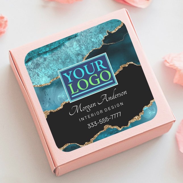 Gold Teal & Black Agate, Your Logo Business Square Sticker (Creator Uploaded)