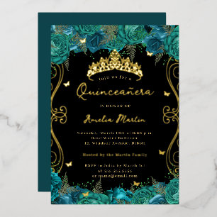 Gold Teal Black Swirl Scroll Floral Quinceanera 