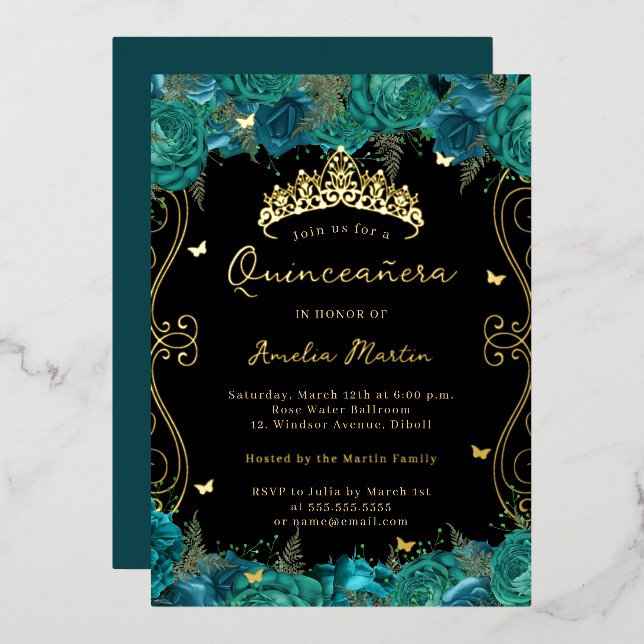 Gold Teal Black Swirl Scroll Floral Quinceanera  (Front/Back)