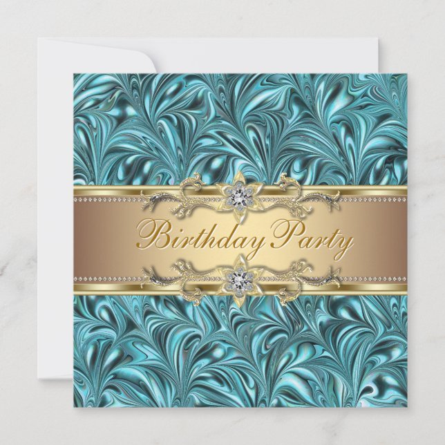 Gold Teal Blue Birthday Party Invitations (Front)