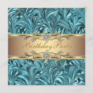 Gold Teal Blue Birthday Party Invitations