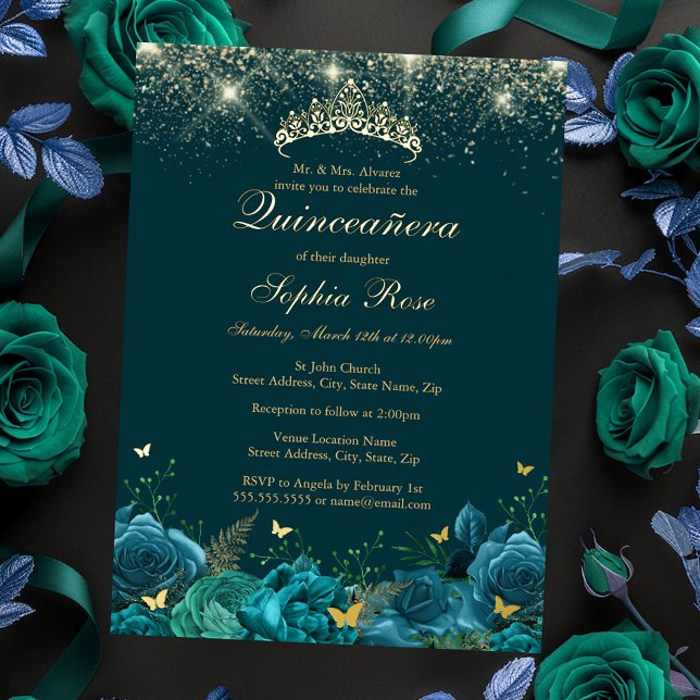 Gold Teal Blue Floral Butterfly Tiara Quinceanera (Creator Uploaded)