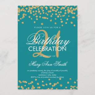 Gold Teal Blue Glitter Confetti 21st Birthday Invitation