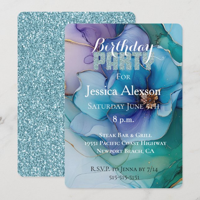 Gold Teal Blue Glitter Purple Floral Birthday  Invitation (Front/Back)