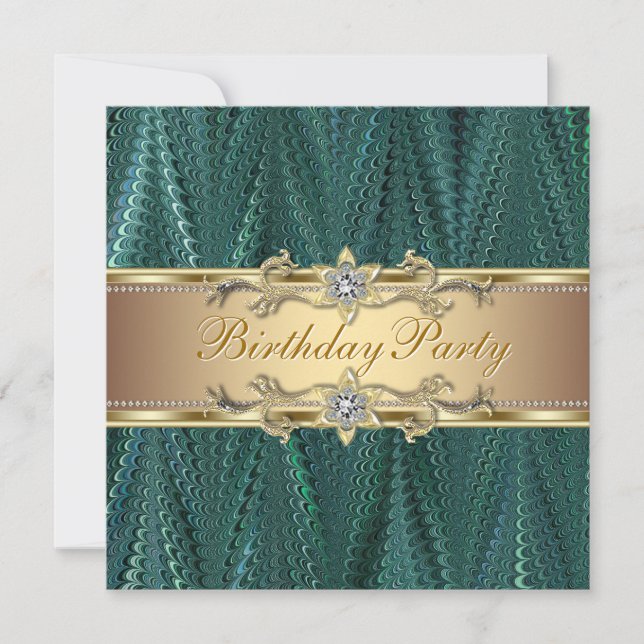 Gold Teal Blue Green Birthday Party Invitations (Front)