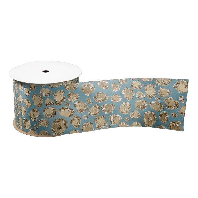 Gold Teal Blue Green Glitzy Leopard Print   Satin Ribbon (Spool)