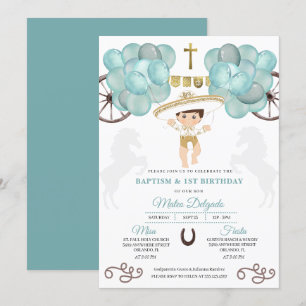 Gold & Teal Blue Mexican Baby Boy Charro Baptism Invitation