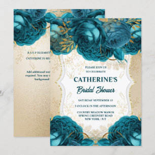Gold teal blue rose watercolor bridal shower chic  invitation