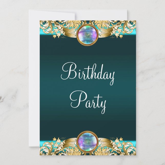 Gold Teal Blue Womans Birthday Party Invitation (Front)