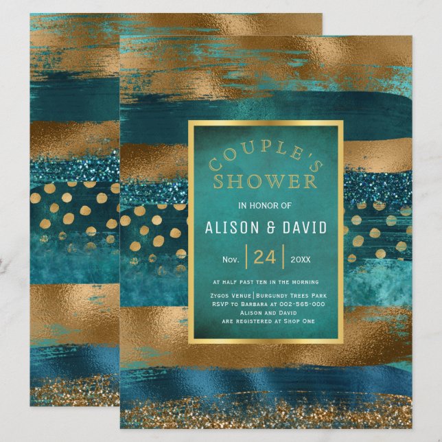 Gold, teal brush strokes wedding couple's shower invitation (Front/Back)