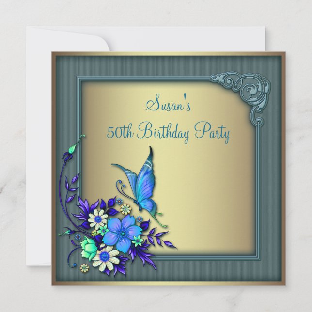 Gold Teal Butterfly Womans 50th Birthday Party Invitation (Front)