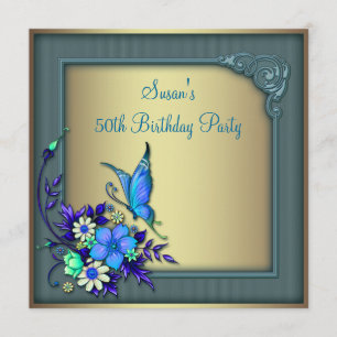 Gold Teal Butterfly Womans 50th Birthday Party Invitation